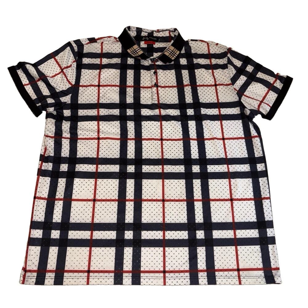 Vintage Vassari Los Angeles Men's Plaid Checkered Polo Shirt White Black Red 3XL